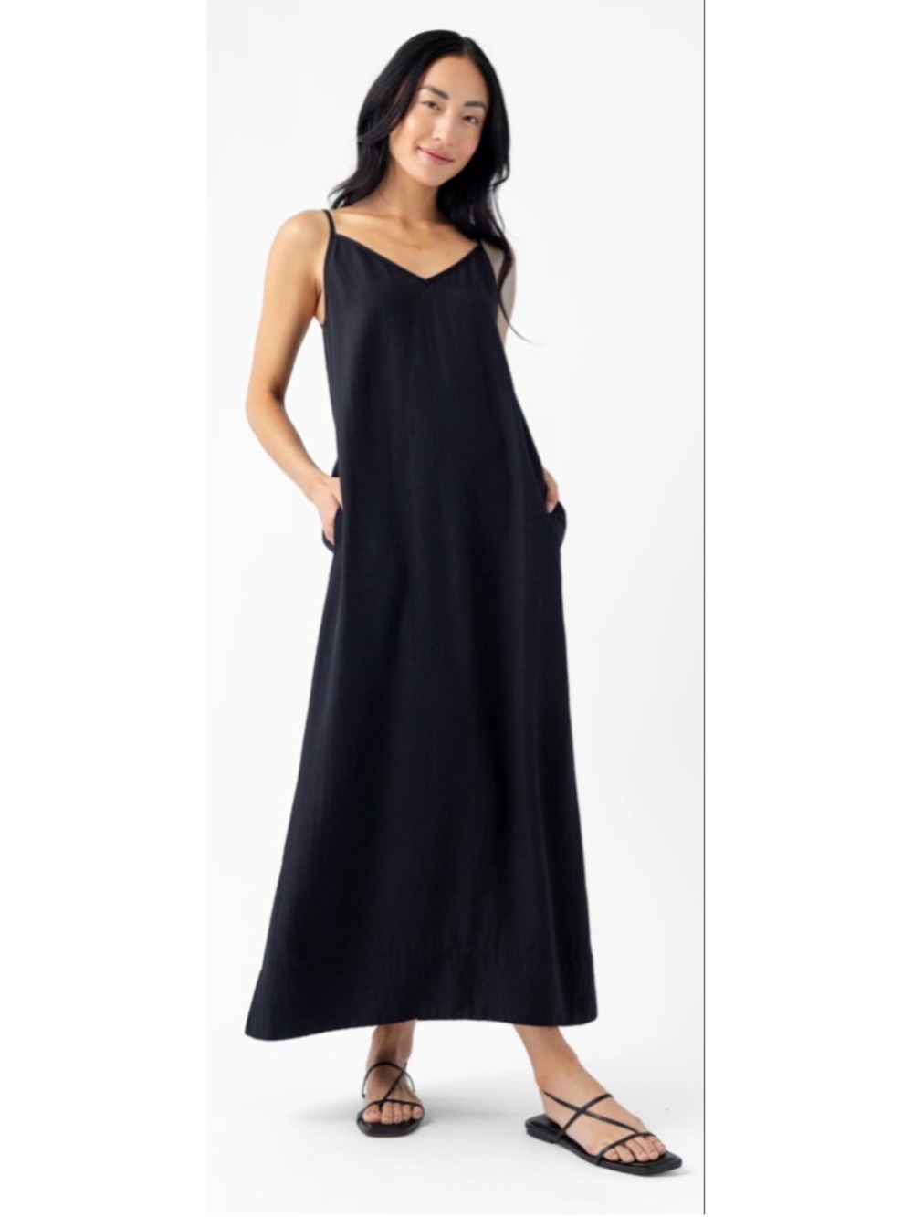 COZY EARTH Black Sunset Slip Maxi Dress M with Pockets Textured